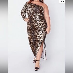 Soncy Animal Print Stretchy Plus Size Maxi Dress With Slit Front